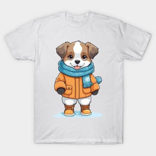 Winter Dog in Orange Coat and Blue Scarf T-Shirt